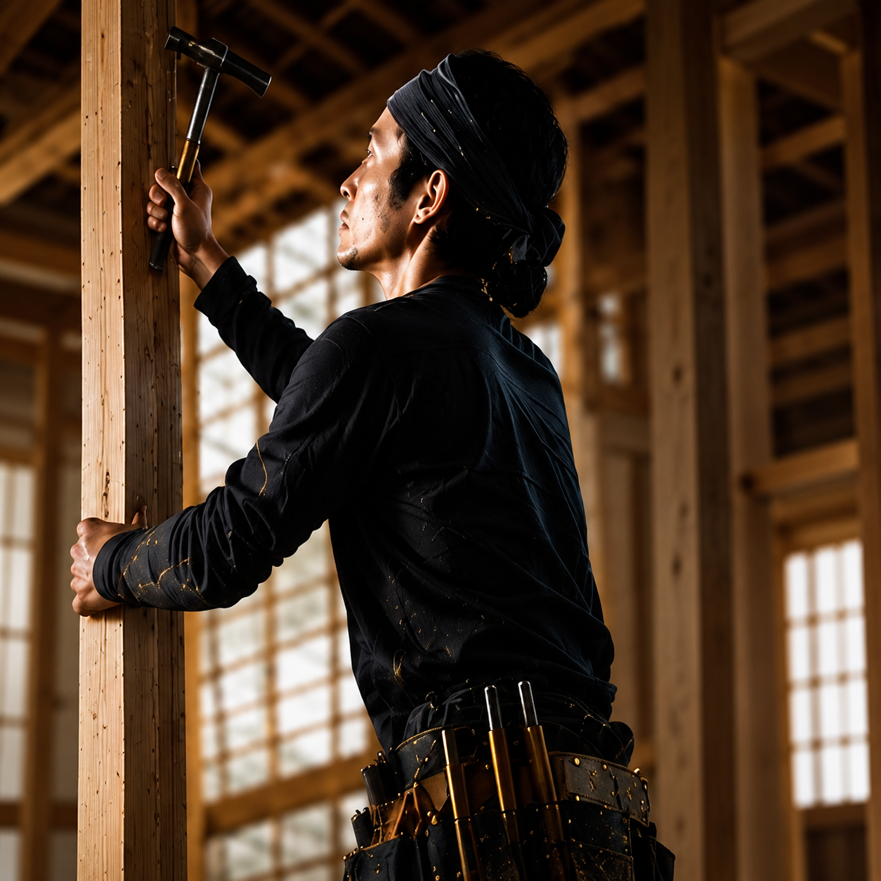 木造現場で作業する職人